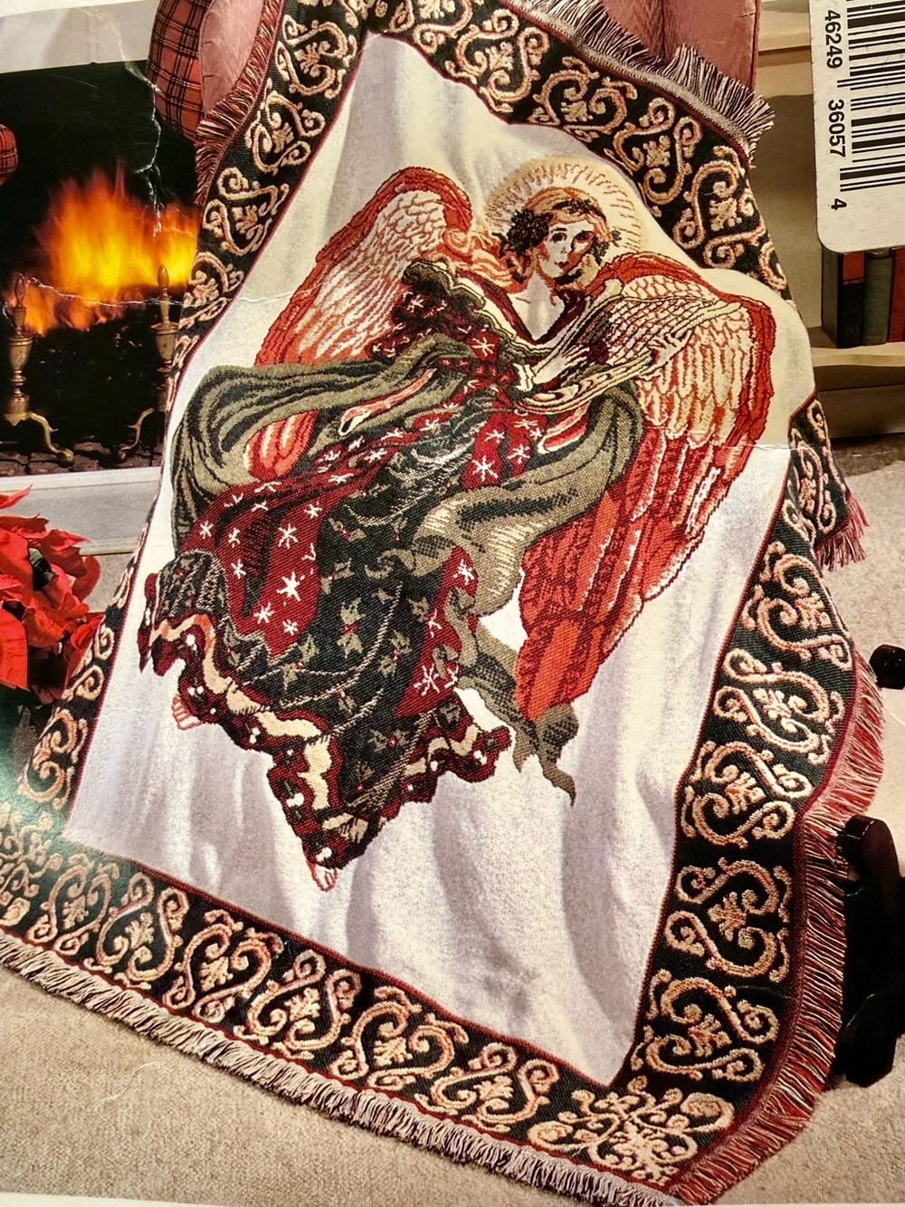 Holiday Angel Tapestry Throw Blanket - Red, Green, Cream